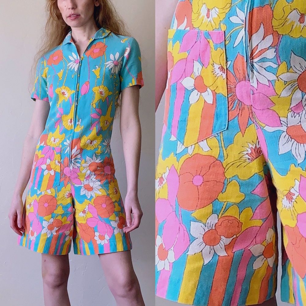 vintage 70s psychedelic flower print romper xs